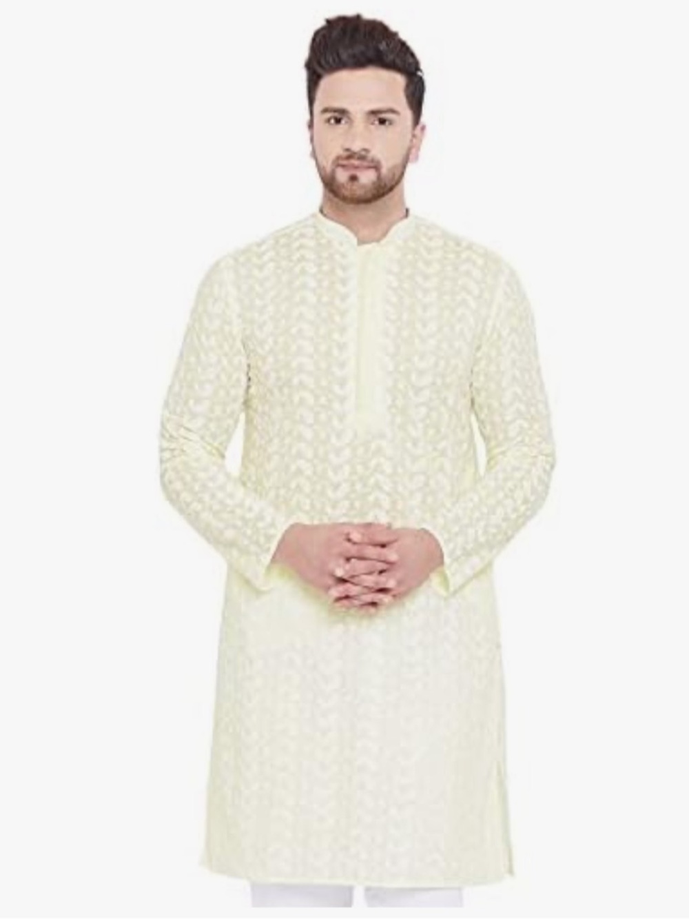 VASTRAMAY PLUS+Yellow/White Embroidered Chikankari Kurta